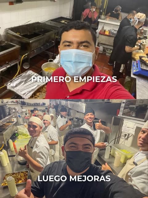 Equipo de cocina de Sr. Brocheta preparando los pedidos